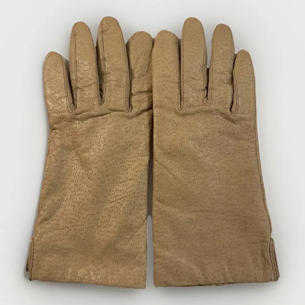Vintage 70s Women M Tan Leather Driving Gloves Pierced Distressed Pin Dot Dress